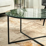 Urban Meuble Vert Basses Rondes Plateau Marbre Pieds en Métal Table d'appoint de Canapé en Verre, 80x80x43cm, 80 x 80 × 43 cm