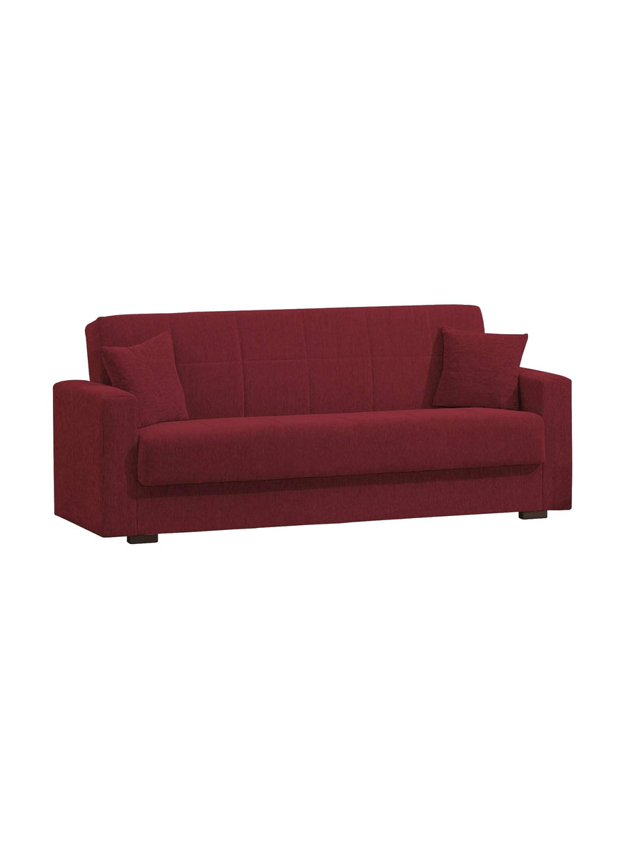 Dmora - Canapé lit 3 places Pinto, Canapé-lit conteneur linéaire, Canapé de salon en tissu rembourré avec ouverture clic-clac, 212x80h87 cm, Rouge