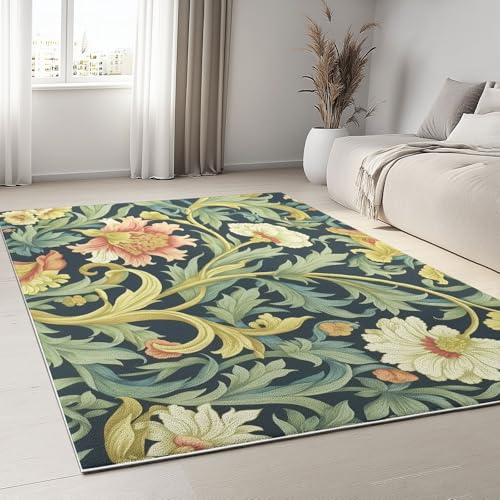 Générique Tapis de Salon 160 x 230 cm Tapis Poil Court Fin Doux Léger Résistant, Vignes Vintage Super Doux Fleurs Vigne Feuilles Vert Foncé pour Salle à Manger et Bureau Chambre Cuisine