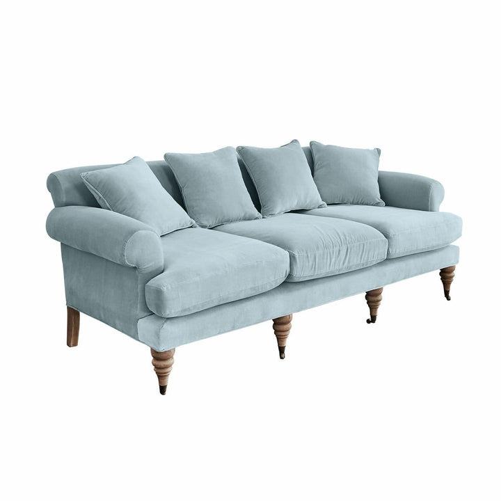 Loberon Canapé Kazimir, rembourrage de qualité, pieds tournés à la main, avec quatre coussins, meubles d'assise, bois de manguier, velours de coton, fibres de polyester, bleu