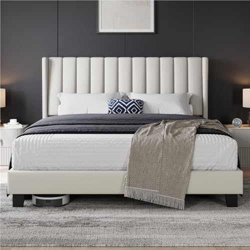 Yaheetech Lit Double Rembourré 160x200 cm avec Sommier à Lattes, Cadre de Lit Moderne pour Adultes 2 Personnes, Tête de Lit à Rayures, Lit en Bois et Métal, Beige