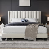 Yaheetech Lit Double Rembourré 160x200 cm avec Sommier à Lattes, Cadre de Lit Moderne pour Adultes 2 Personnes, Tête de Lit à Rayures, Lit en Bois et Métal, Beige