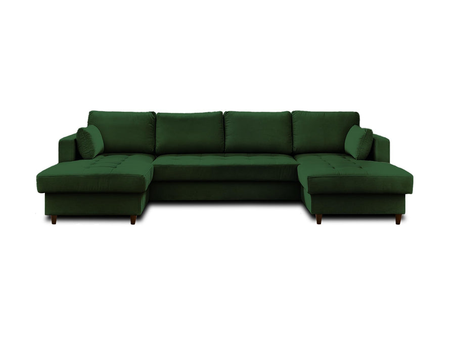 Lisa Design - Canapé Panoramique en U Convertible avec Coffre Anna en Velours - Canapé Lit - Grand Sofa XXL Vert 7 Places - Salon