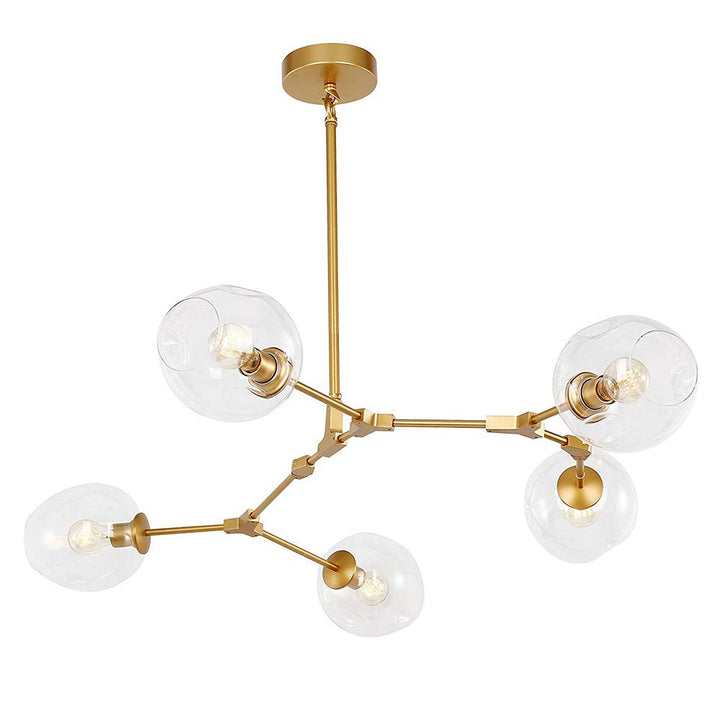 BUniq Lustre Spoutnik E26, 5 lumières, branches de boule de verre, suspension réglable en hauteur, lustre soufflé à la main du milieu du siècle, plafonnier Starburst, finition bronze tra