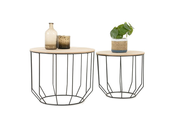 LIFA LIVING Tables Gigognes Bois & Metal Rondes, Table Basse Lot de 2, Petite Table Basse Gigogne Design Industriel, Tables d'Appoint pour Salon & Chambre