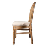 EME Mobiliario Chaise médaillon Luis XVI en bois de bouleau vieilli. Chaise avec dossier en treillis de rotin naturel de style français. Assise rembourrée en lin beige. 40 x 47 x 97