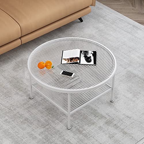 Ronde Table Basse en Verre Moderne Décoratif Table D Ronde Table Basse en Verre Moderne Décoratif Table D'appoint Bout de Canape avec 2 Étagère Ouverte Tablettes et Cadre en Métal Casquettes de Pied Table de Café pour Salon, Chambre, Bureau, Balcon
