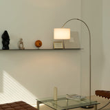 Home Sweet Home Moderne Lampadaire | arc Duke | 98/30/180cm | Acier brossé | Lampe sur pied Fischer avec abat-jour blanc | E27 | avec interrupteur au pied | pour le salon