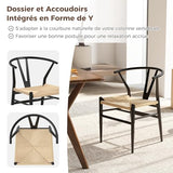 RELAX4LIFE Lot de 2 Chaise Wishbone, Chaise Scandinave Salle a Manger, Assise Tissée en Corde de Papier, Dossier en Y, Cadre Métallique, Chaises Salon Intérieur pour Bureau Cuisine (Noir+Naturel,1)