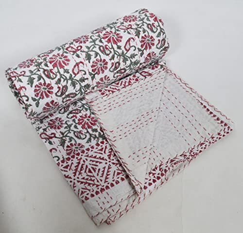 YUVANCRAFTS Couverture de couette en coton Kantha, imprimé main indienne, taille double, rose