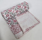 YUVANCRAFTS Couverture de couette en coton Kantha, imprimé main indienne, taille double, rose