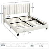 Yaheetech Lit Double Rembourré 160x200 cm avec Sommier à Lattes, Cadre de Lit Moderne pour Adultes 2 Personnes, Tête de Lit à Rayures, Lit en Bois et Métal, Beige