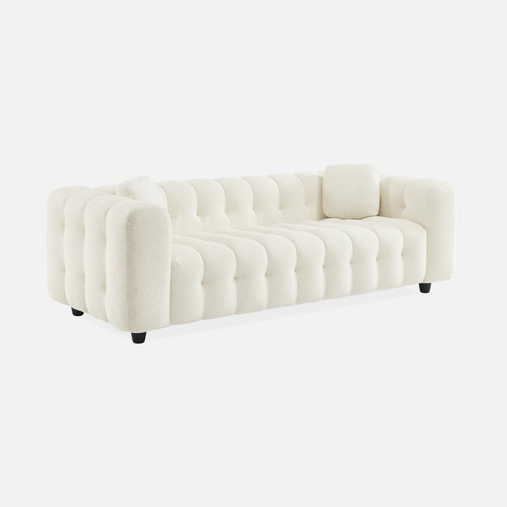 sweeek - Canapé 3 Places en Bouclette texturée capitonné Blanc crème - Structure Bois d sweeek - Canapé 3 Places en Bouclette texturée capitonné Blanc crème - Structure Bois d'eucalyptus et contreplaqué