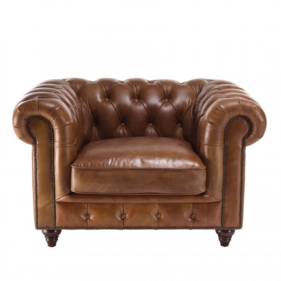 MACABANE Gaston - Fauteuil Marron Chesterfield capitonné Vintage 1 Place Cuir Pieds Bois