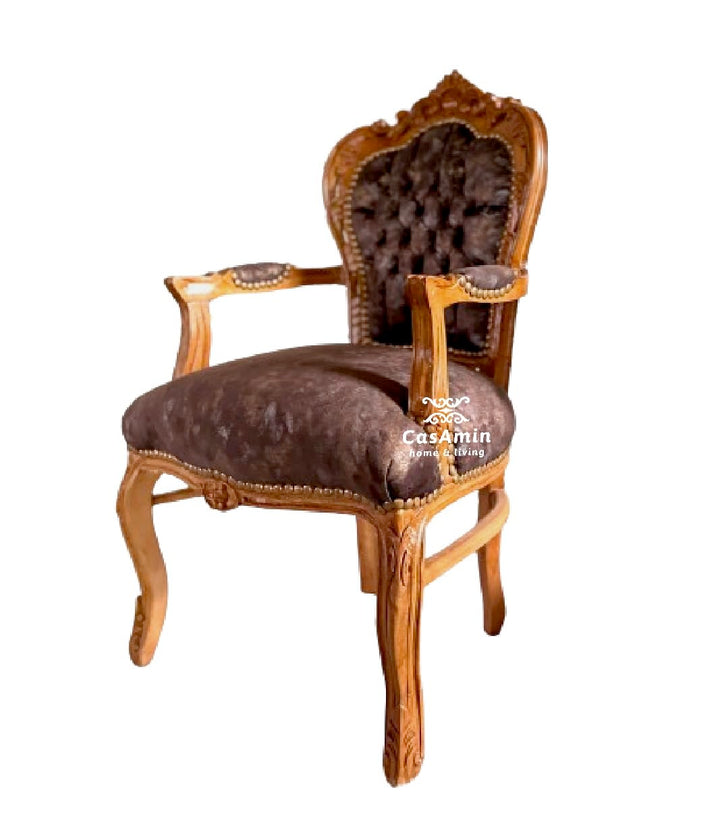 CasAmin Home & Living Chaise à accoudoirs marron clair rétro style baroque français velours chocolat chaise pour décoration intérieure