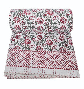 YUVANCRAFTS Couverture de couette en coton Kantha, imprimé main indienne, taille double, rose