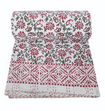 YUVANCRAFTS Couverture de couette en coton Kantha, imprimé main indienne, taille double, rose