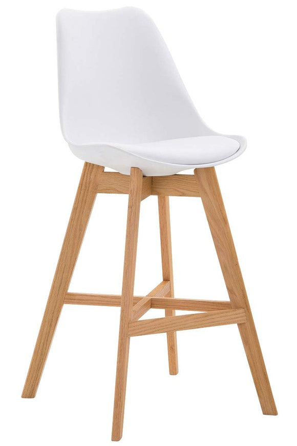 Tabouret De Bar Cannes Dossier Plastique Assie Similicuir I Chaise Haute De Bistrot avec Pied en Bois Et Repose-Pieds I Design Scandinave I Couleur: Blanc, Cadre: Nature
