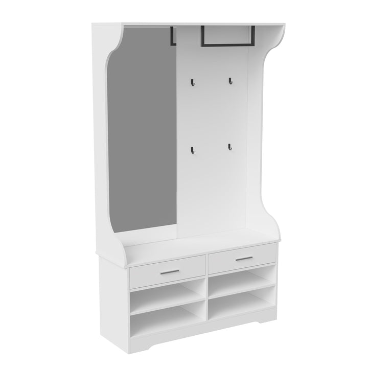 Xnferty Ensemble Vestiaire, Porte-Manteau avec Miroir, Portant à Vêtements Polyvalent avec Étagère à Chaussures à 2 Niveaux, Vestiaire d’entrée élégant avec rangements (Blanc, 180x104x35)