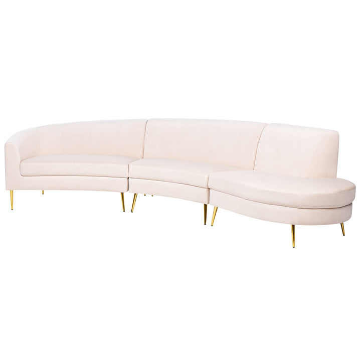 Canapé 4 Places en Velours Beige de Style Rétro à Pieds Dorés et Forme Courbe Moss