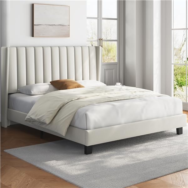 Yaheetech Lit Double Rembourré 160x200 cm avec Sommier à Lattes, Cadre de Lit Moderne pour Adultes 2 Personnes, Tête de Lit à Rayures, Lit en Bois et Métal, Beige