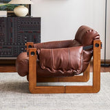 OLEYLUCKIDEA Fauteuil avec accoudoirs et Pieds en Bois Massif, Lounge en Cuir PU, Fauteuil de Lecture Vintage, Relax pour Salon et Chambre à Coucher, Marron