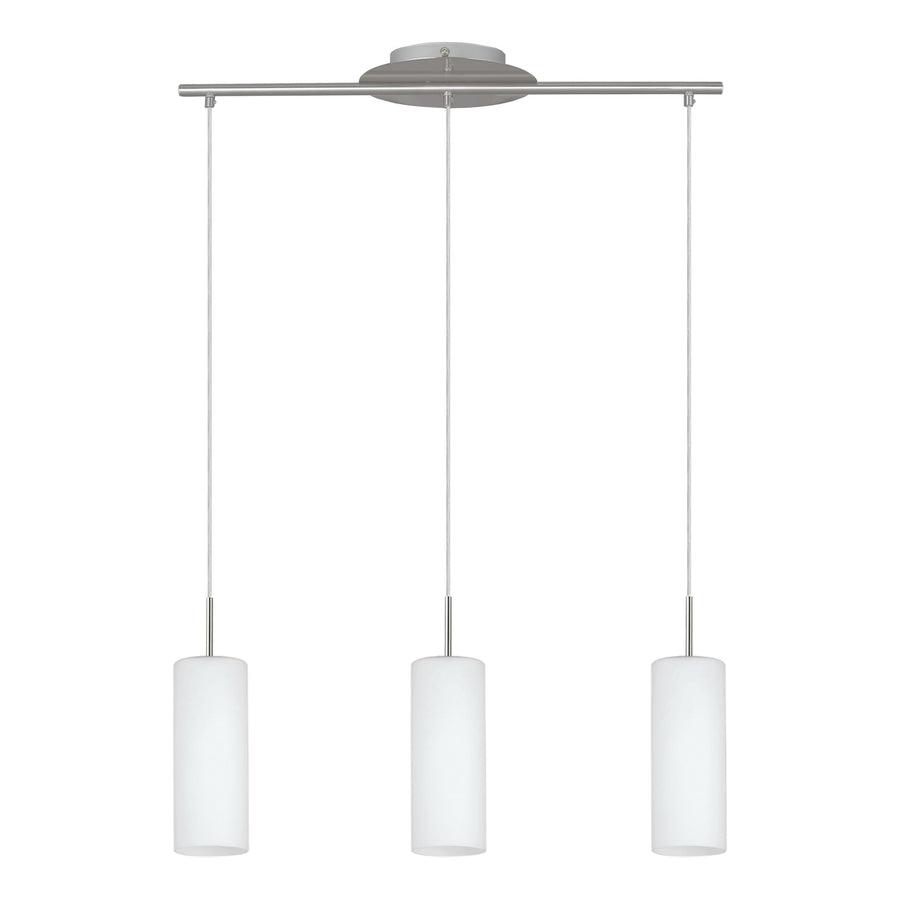 Eglo Lampe Suspension Troy 3 à 3 Lampes en Acier et Verre Pour 3 Ampoules E27 Max 60 W Non Incluses Nickel Mat/Blanc Satiné 72 X 10,5 X 110 cm