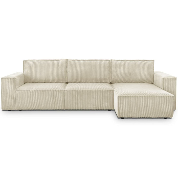 HOMIFAB Canapé d'angle Convertible réversible 5 Places avec Coffre de Rangement en Velours côtelé Beige - Collection Harper, 300 x 84 x 154/101 cm