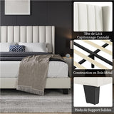 Yaheetech Lit Double Rembourré 160x200 cm avec Sommier à Lattes, Cadre de Lit Moderne pour Adultes 2 Personnes, Tête de Lit à Rayures, Lit en Bois et Métal, Beige