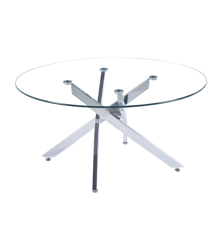 Hallowood Furniture Cullompton Table basse en métal avec plateau en verre, table en verre avec 4 pieds chromés croisés, petite table centrale, table basse ronde pour salon