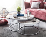 WOHNLING KADIMA DESIGN set de 2 table basse aspect marbre blanc argent table basse ronde moderne, 80 x 80 x 36 cm