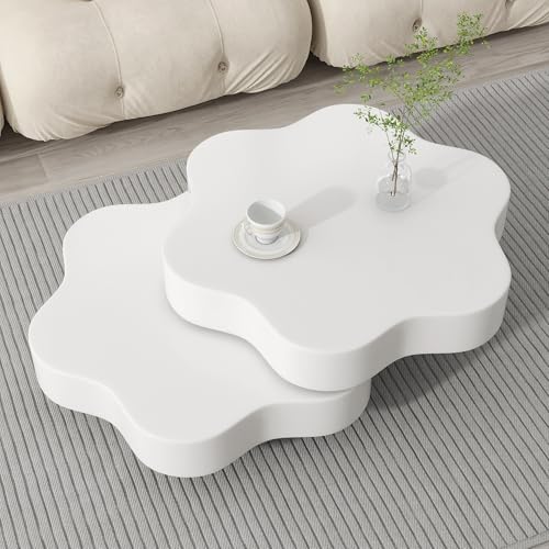 OOIILLEE Table Basse Rotative Design Fleur avec Plateau Tournant 360° - Table de Salon Double Étage à 2 Plateaux - Blanc Crème en MDF, Support jusqu'à 30 kg (74,8 x 67,5 x 31 cm)