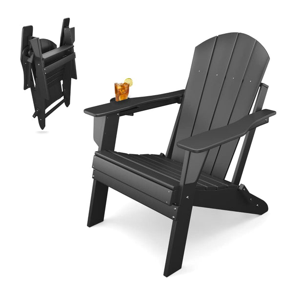 Fauteuil Adirondack pliant Sleek Space pour jardin, patio ou terrasse - Accoudoirs et porte-gobelet - Légère, résistante - Meubles d'extérieur élégants et durables pour terrasse, plage, piscine (Noir)