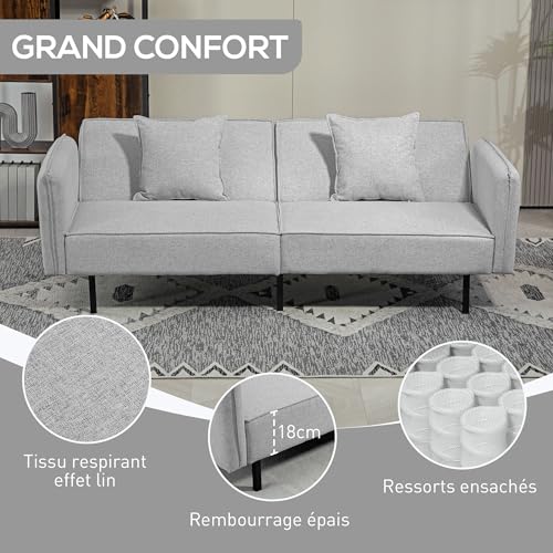 HOMCOM Canapé Convertible 3 Places canapé-lit 2 Places canapé clic-clac en Tissu Effet Lin avec Dossier réglable 2 Coussins lavables pour Salon, Chambre d'amis, Gris Clair