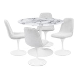 Table à Manger Ronde pour 4 à 5 Personnes diamètre 100 cm, Plateau en Verre trempé Aspect marbre Blanc, Base Ronde en métal Blanc - Tulips