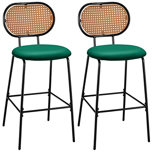 Lot de 2 tabourets de bar en cuir synthétique avec dossier en imitation rotin et cadre en métal, chaises de salle à manger pour cuisine, bar Vert