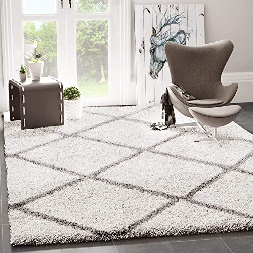 VIMODA Poils Longs Shaggy Tapis Rugueuse Design Crème Gris Moderne - Blanc, 120x170 cm