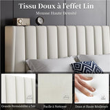 Yaheetech Lit Double Rembourré 160x200 cm avec Sommier à Lattes, Cadre de Lit Moderne pour Adultes 2 Personnes, Tête de Lit à Rayures, Lit en Bois et Métal, Beige
