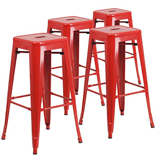 Flash Furniture Meubles Flash Tabouret de Bar en métal coloré pour Restaurant, Plastique, Caoutchouc, Rouge, Lot de 4