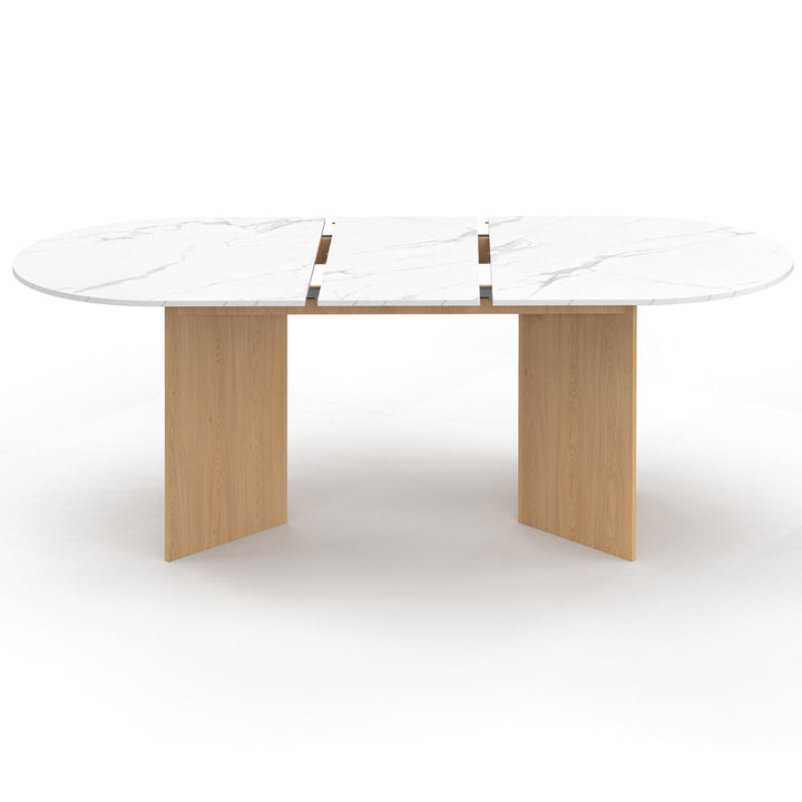 IDMarket - Table à Manger Extensible Ovale Marthe 6-10 Personnes Plateau marbre Blanc Alaska et Bois façon hêtre 160-200 cm