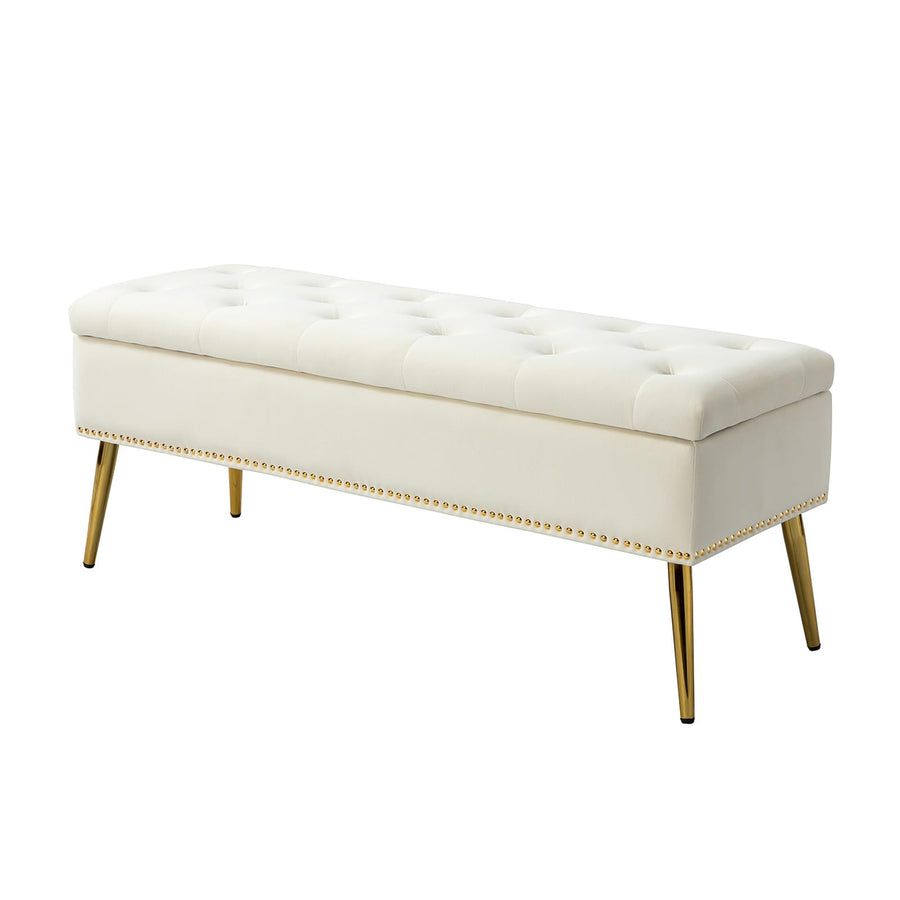 HULALA HOME Banc de Rangement Moderne en Velours avec Base dorée et Garniture cloutée, Banc de Chambre rembourré pour Bout de lit, Repose-Pieds capitonné pour entrée, Salon, Salle à Manger,Blanc