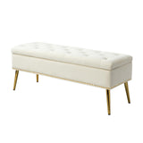 HULALA HOME Banc de Rangement Moderne en Velours avec Base dorée et Garniture cloutée, Banc de Chambre rembourré pour Bout de lit, Repose-Pieds capitonné pour entrée, Salon, Salle à Manger,Blanc