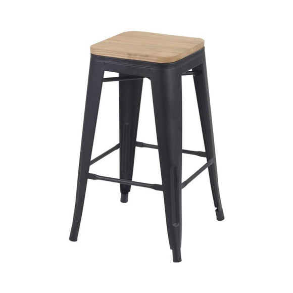 ZONS NOIR TABOURET RETRO INDUSTRIEL EN METAL MAT assise en BOIS, X-Large