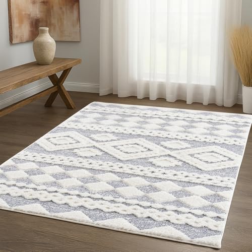 payé Tapis de salon Tapis Sol - poils longs - Boho - Gris pastel - 160 x 230 cm - Uni - Motif losange moderne chiné - Scandinave moelleux et doux - Décoration de chambre à coucher