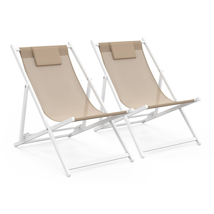 IDMarket - Lot de 2 chiliennes en métal Blanc Lota Toile textilène Beige IDMarket - Lot de 2 chiliennes en métal Blanc Lota Toile textilène Beige