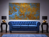 Canapé 3 Places en Tissu Bleu Assise Rembourrée Large Dossier Points Chesterfield