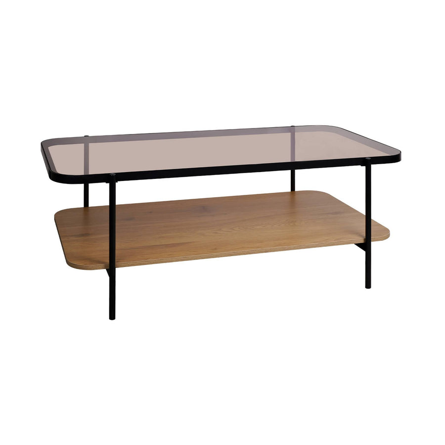sweeek - Table Basse Vintage en métal Noir avec 2 Plateaux (Verre et décor Bois). Bords arrondis