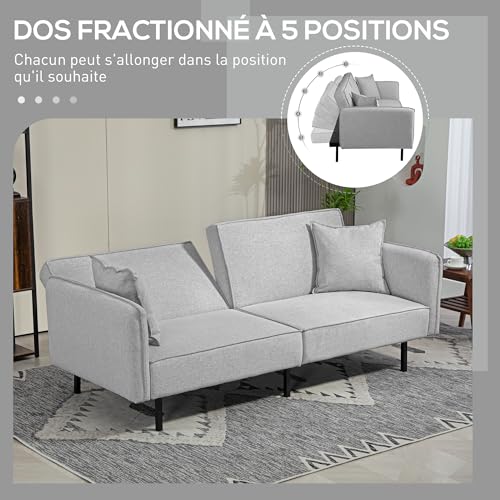 HOMCOM Canapé Convertible 3 Places canapé-lit 2 Places canapé clic-clac en Tissu Effet Lin avec Dossier réglable 2 Coussins lavables pour Salon, Chambre d'amis, Gris Clair