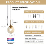 KCO Suspension moderne en forme de globe en verre avec abat-jour ambré et laiton doré pour cuisine, entrée, salle à manger (ambre)