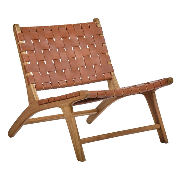 Meubletmoi Fauteuil Bas Lounge Incliné en Bois de Teck Massif avec Sangles Croisées en Cuir Marron - Style Naturel et Exotique - HEI